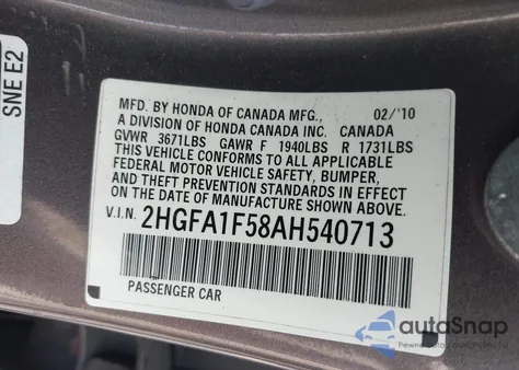 2010 Honda Civic Lx z USA, uszkodzony, nr VIN 2HGFA1F58AH540713